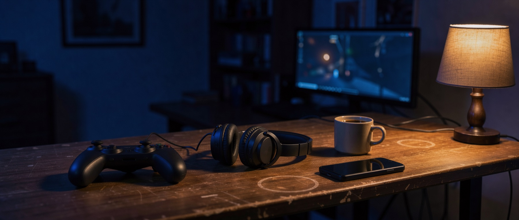 Controller, Headset und Kaffeetasse auf einem Schreibtisch am Abend