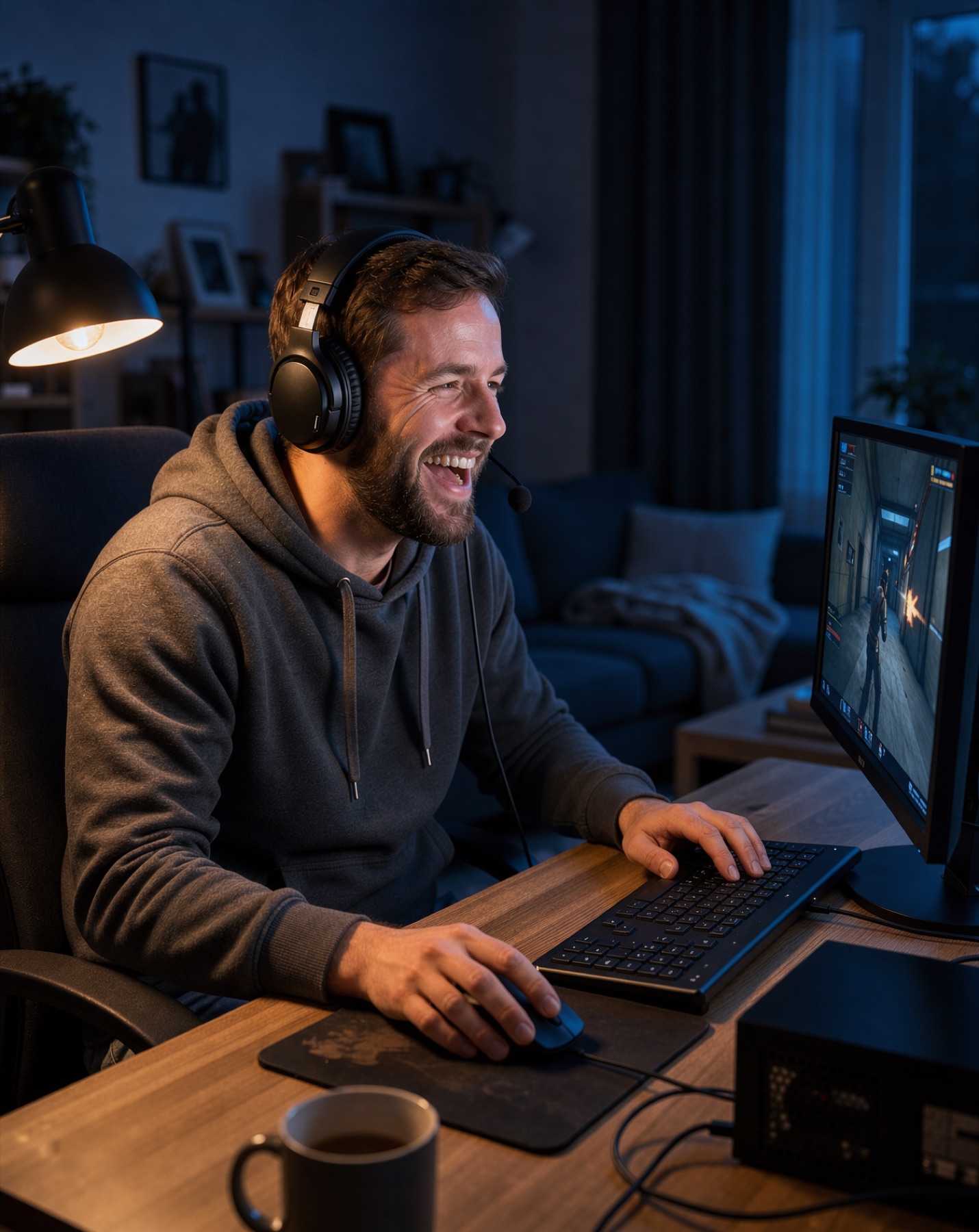 Gamer mit Headset lacht abends vor seinem PC