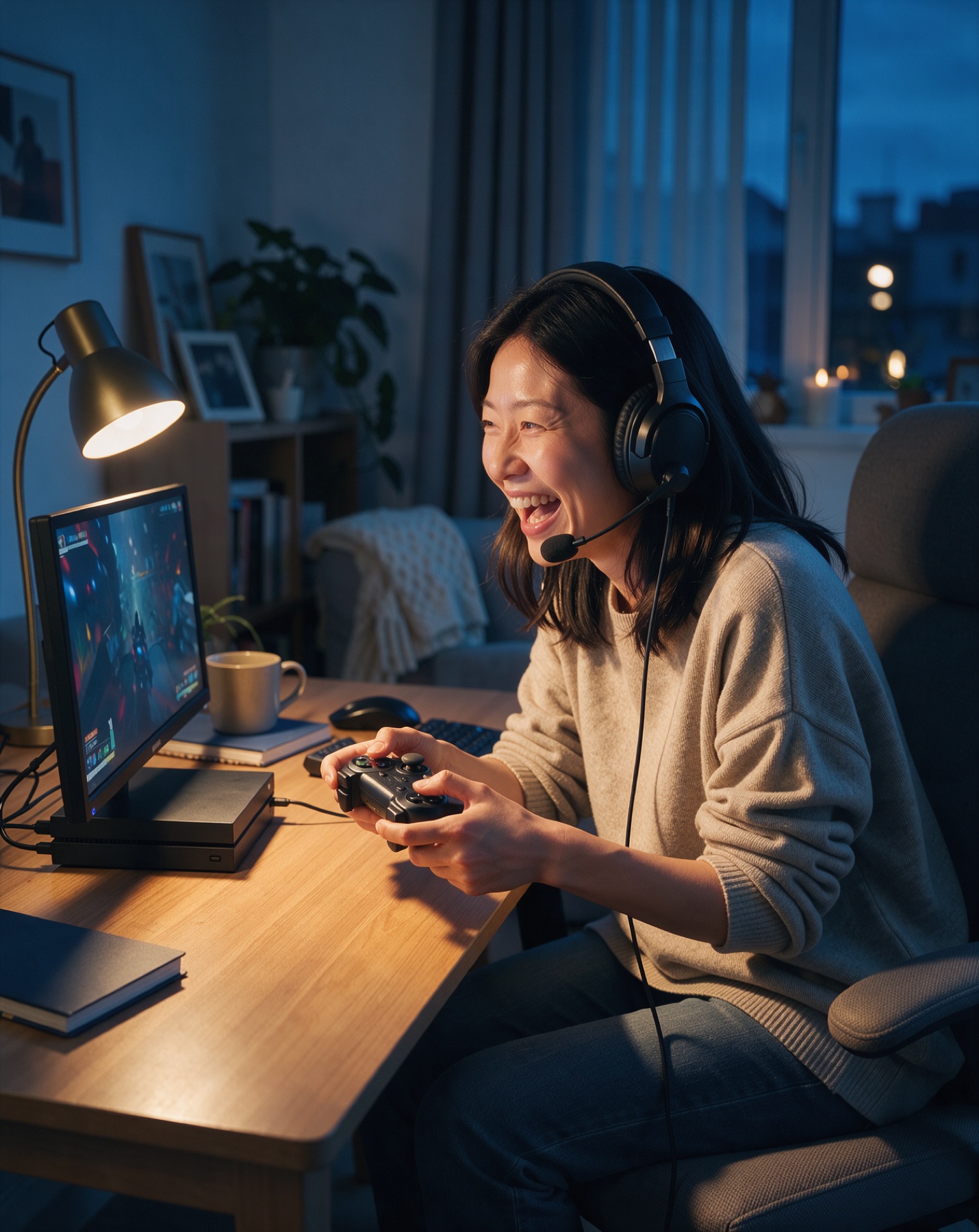 Frau mit Headset spielt am Schreibtisch mit Controller an der Konsole und lacht